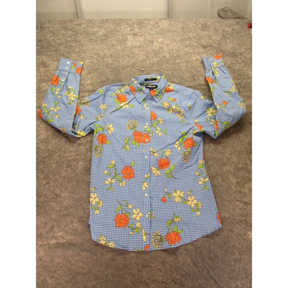 Lands End Shirt Womens 4 Blue‎ button up Floral Supima soft lightweight